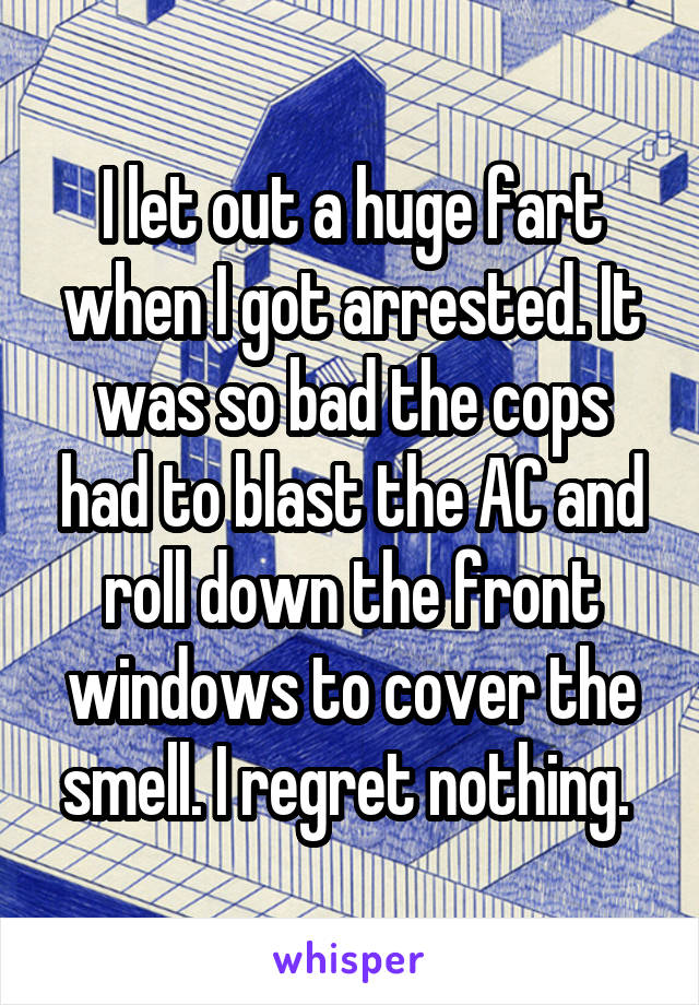 I let out a huge fart when I got arrested. It was so bad the cops had to blast the AC and roll down the front windows to cover the smell. I regret nothing. 
