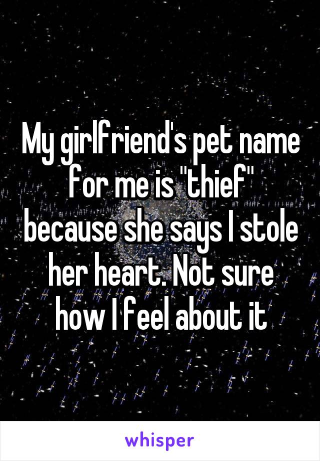 My girlfriend's pet name for me is "thief" because she says I stole her heart. Not sure how I feel about it