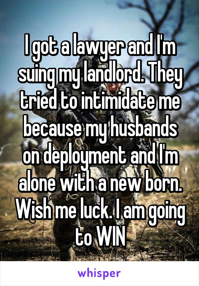 I got a lawyer and I'm suing my landlord. They tried to intimidate me because my husbands on deployment and I'm alone with a new born. Wish me luck. I am going to WIN