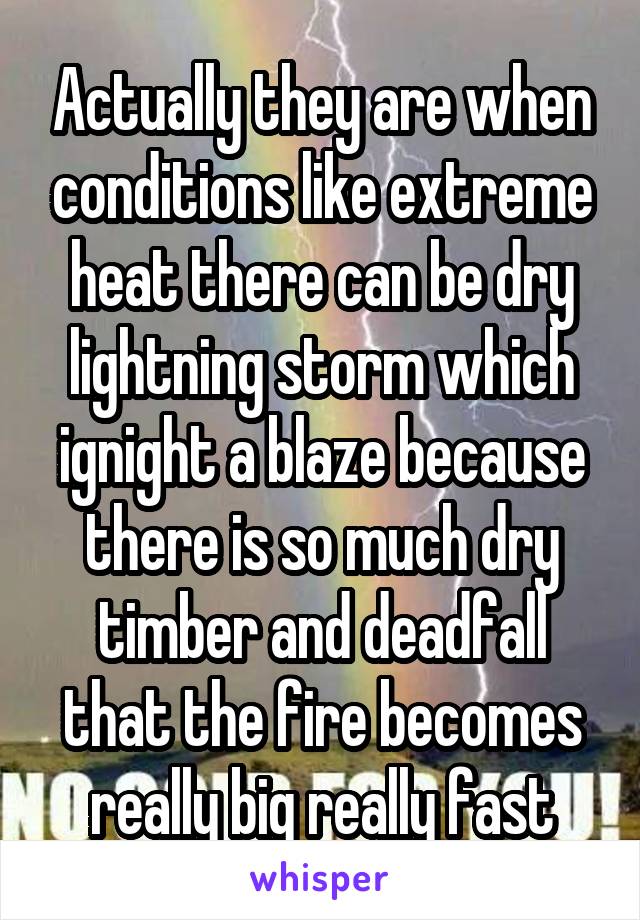 Actually they are when conditions like extreme heat there can be dry lightning storm which ignight a blaze because there is so much dry timber and deadfall that the fire becomes really big really fast