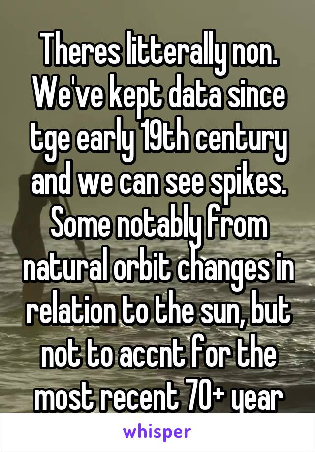 Theres litterally non. We've kept data since tge early 19th century and we can see spikes. Some notably from natural orbit changes in relation to the sun, but not to accnt for the most recent 70+ year