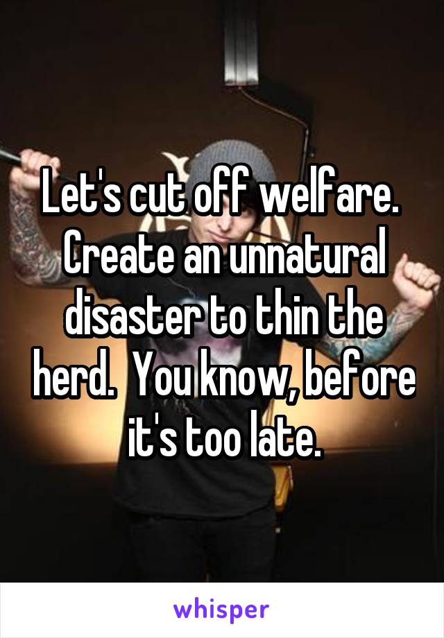 Let's cut off welfare.  Create an unnatural disaster to thin the herd.  You know, before it's too late.