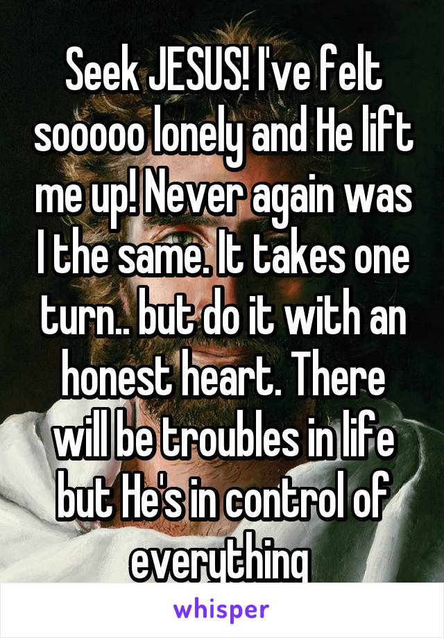 Seek JESUS! I've felt sooooo lonely and He lift me up! Never again was I the same. It takes one turn.. but do it with an honest heart. There will be troubles in life but He's in control of everything 