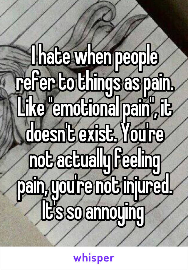 I hate when people refer to things as pain. Like "emotional pain", it doesn't exist. You're not actually feeling pain, you're not injured. It's so annoying 