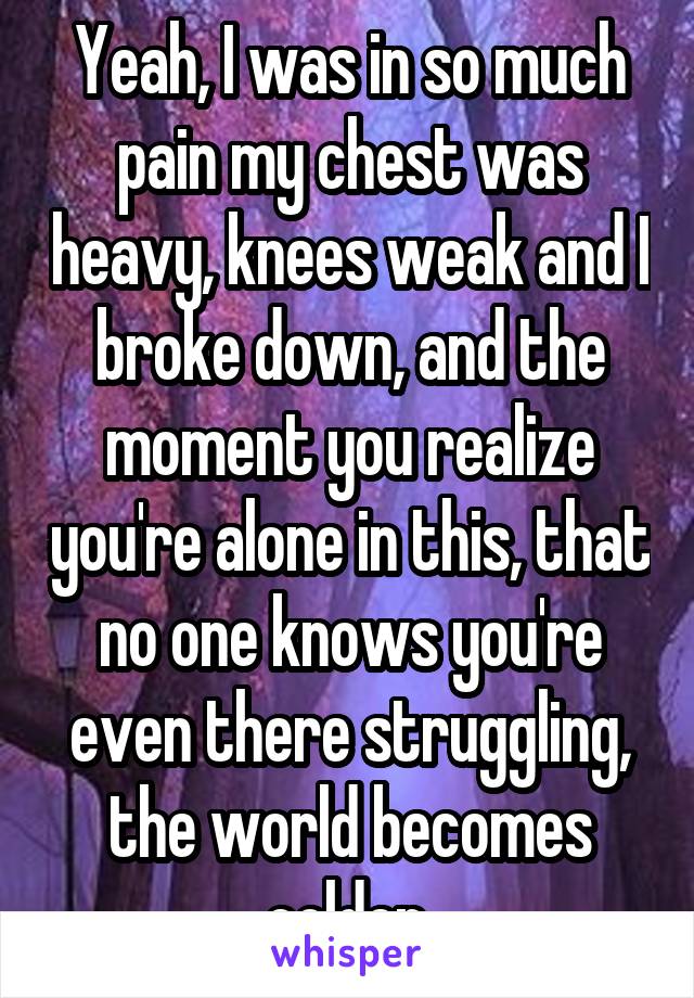 Yeah, I was in so much pain my chest was heavy, knees weak and I broke down, and the moment you realize you're alone in this, that no one knows you're even there struggling, the world becomes colder.