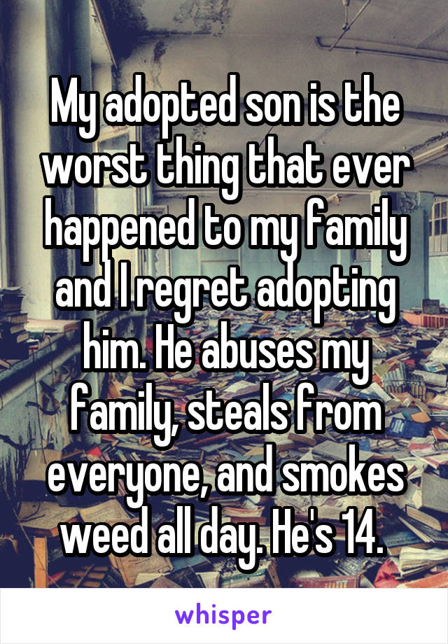 My adopted son is the worst thing that ever happened to my family and I regret adopting him. He abuses my family, steals from everyone, and smokes weed all day. He's 14. 