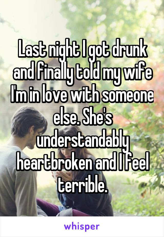 Last night I got drunk and finally told my wife I'm in love with someone else. She's understandably heartbroken and I feel terrible.