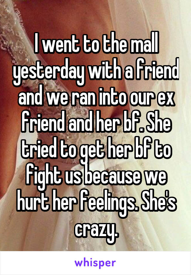 I went to the mall yesterday with a friend and we ran into our ex friend and her bf. She tried to get her bf to fight us because we hurt her feelings. She's crazy.
