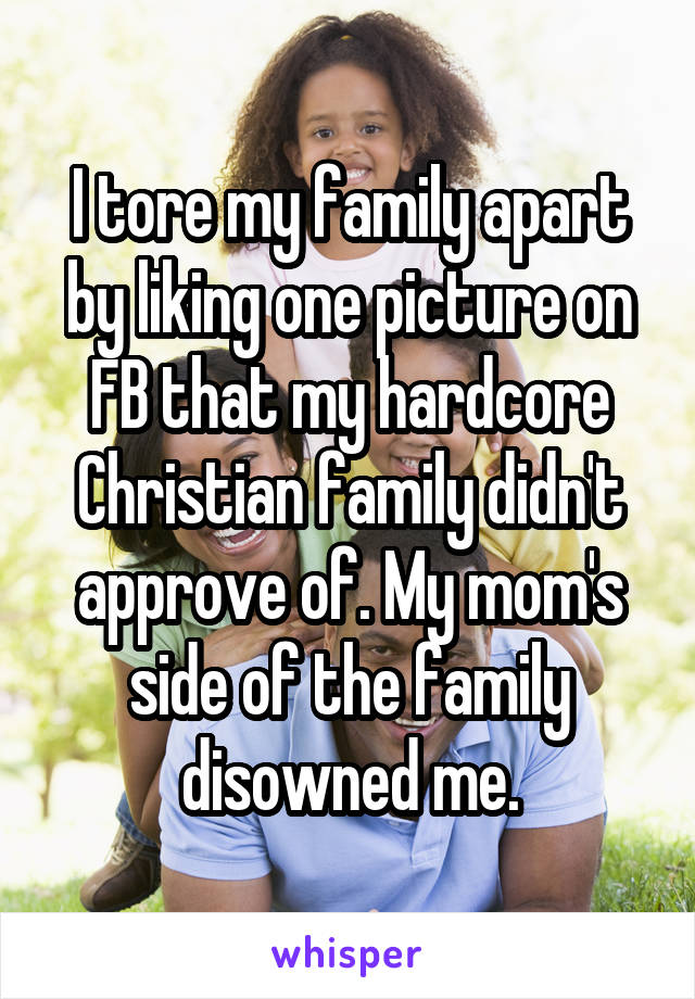 I tore my family apart by liking one picture on FB that my hardcore Christian family didn't approve of. My mom's side of the family disowned me.