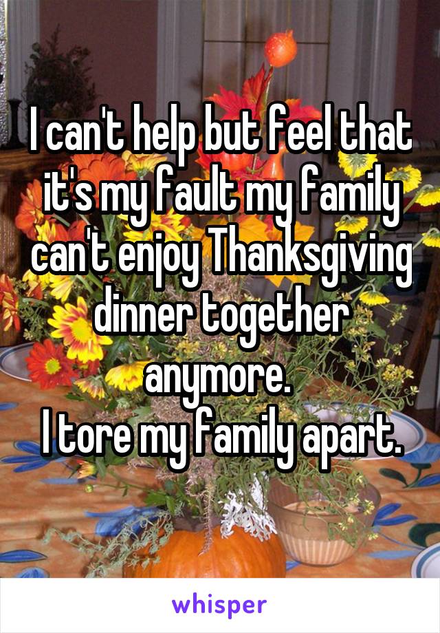 I can't help but feel that it's my fault my family can't enjoy Thanksgiving dinner together anymore. 
I tore my family apart. 