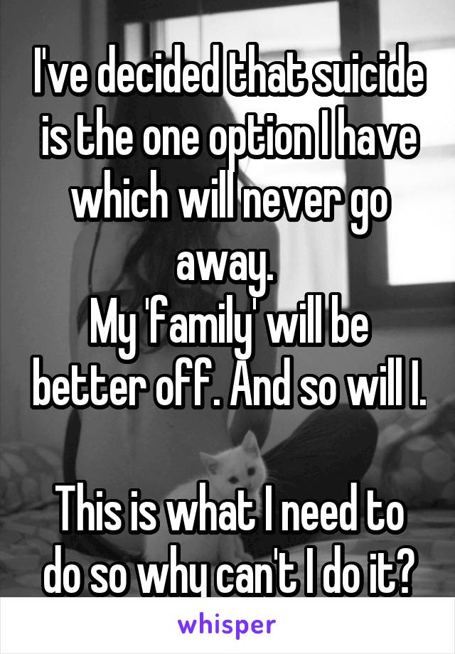 I've decided that suicide is the one option I have which will never go away. 
My 'family' will be better off. And so will I. 
This is what I need to do so why can't I do it?