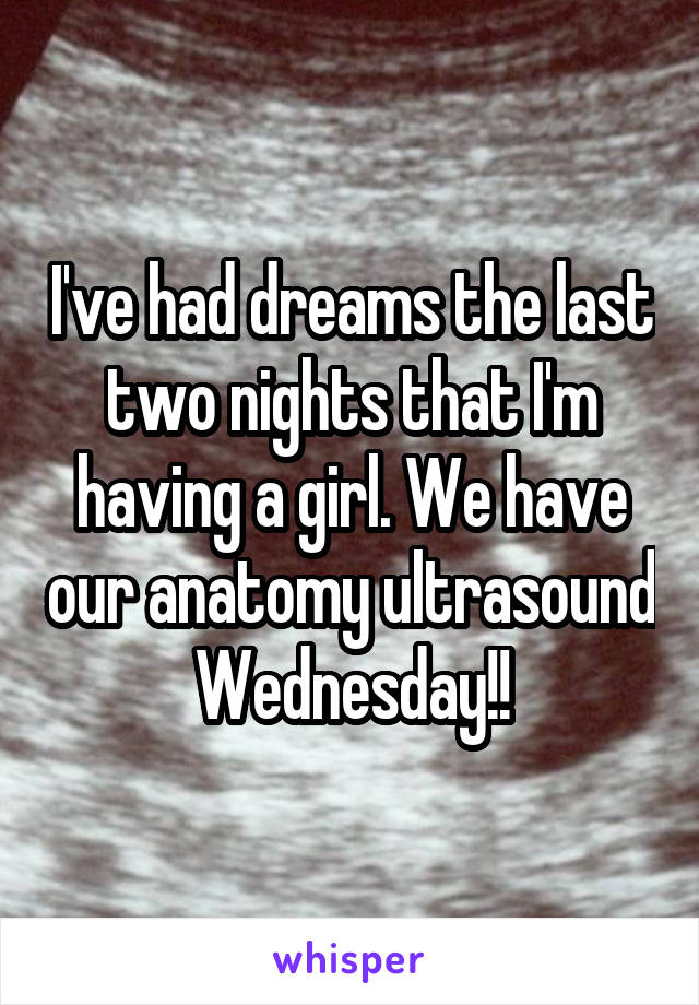 I've had dreams the last two nights that I'm having a girl. We have our anatomy ultrasound Wednesday!!