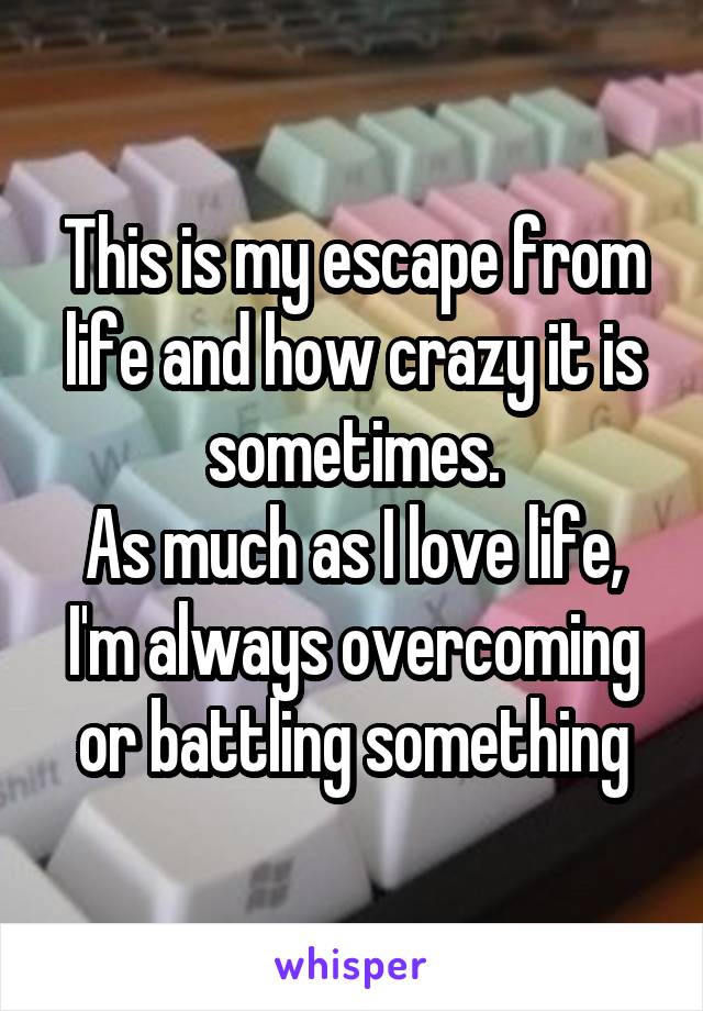 This is my escape from life and how crazy it is sometimes.
As much as I love life, I'm always overcoming or battling something