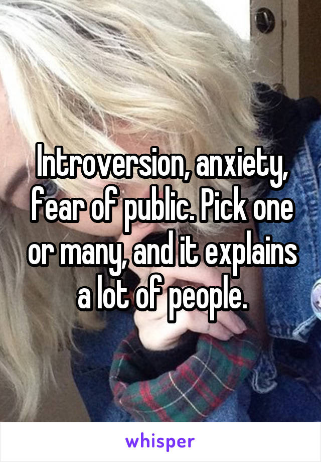 Introversion, anxiety, fear of public. Pick one or many, and it explains a lot of people.