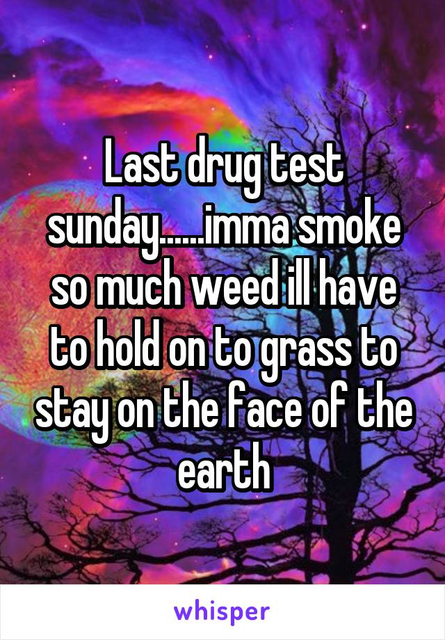 Last drug test sunday......imma smoke so much weed ill have to hold on to grass to stay on the face of the earth