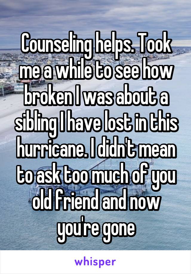 Counseling helps. Took me a while to see how broken I was about a sibling I have lost in this hurricane. I didn't mean to ask too much of you old friend and now you're gone