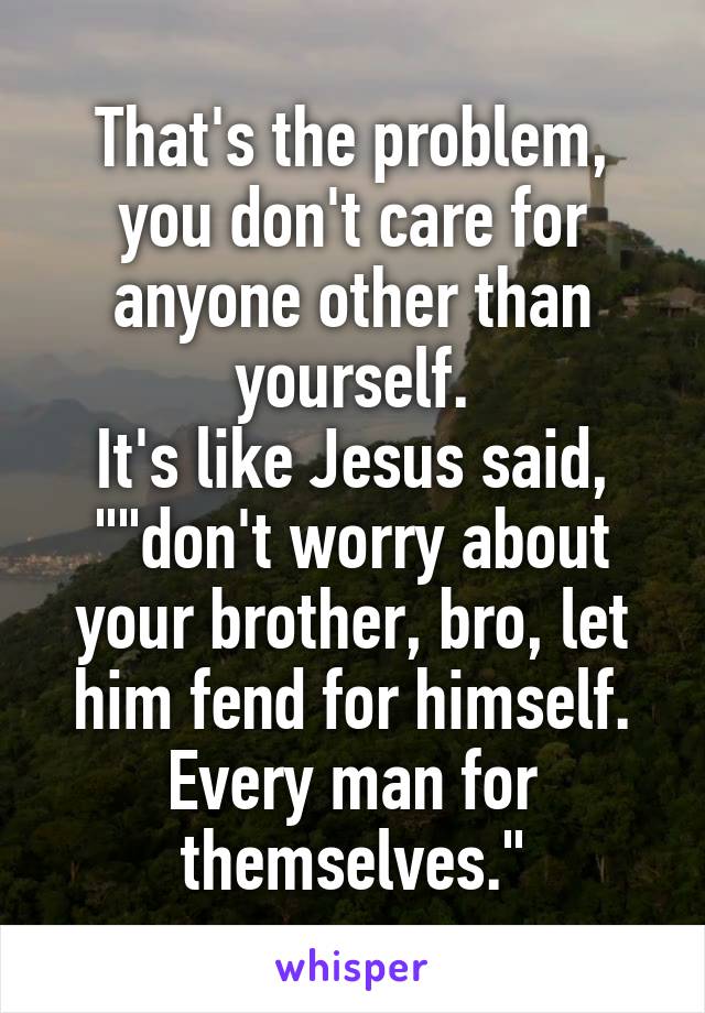 That's the problem, you don't care for anyone other than yourself.
It's like Jesus said, ""don't worry about your brother, bro, let him fend for himself. Every man for themselves."