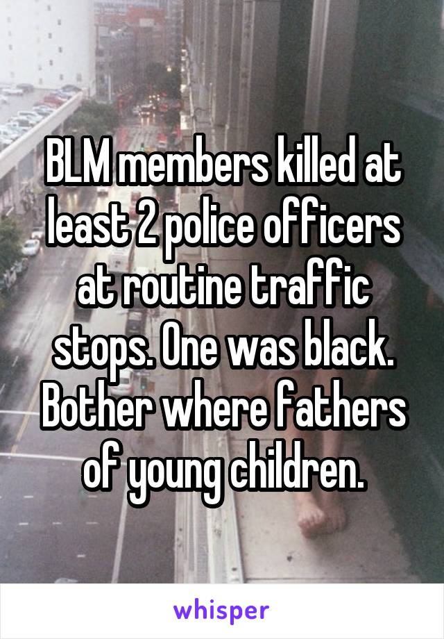 BLM members killed at least 2 police officers at routine traffic stops. One was black. Bother where fathers of young children.
