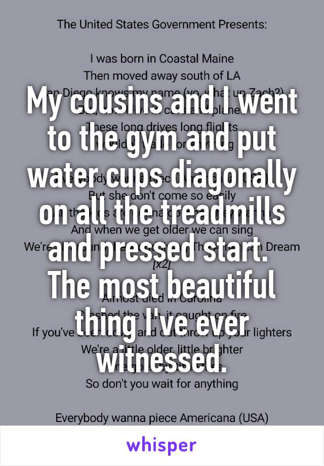 My cousins and I went to the gym and put water cups diagonally on all the treadmills and pressed start. 
The most beautiful thing I've ever witnessed.