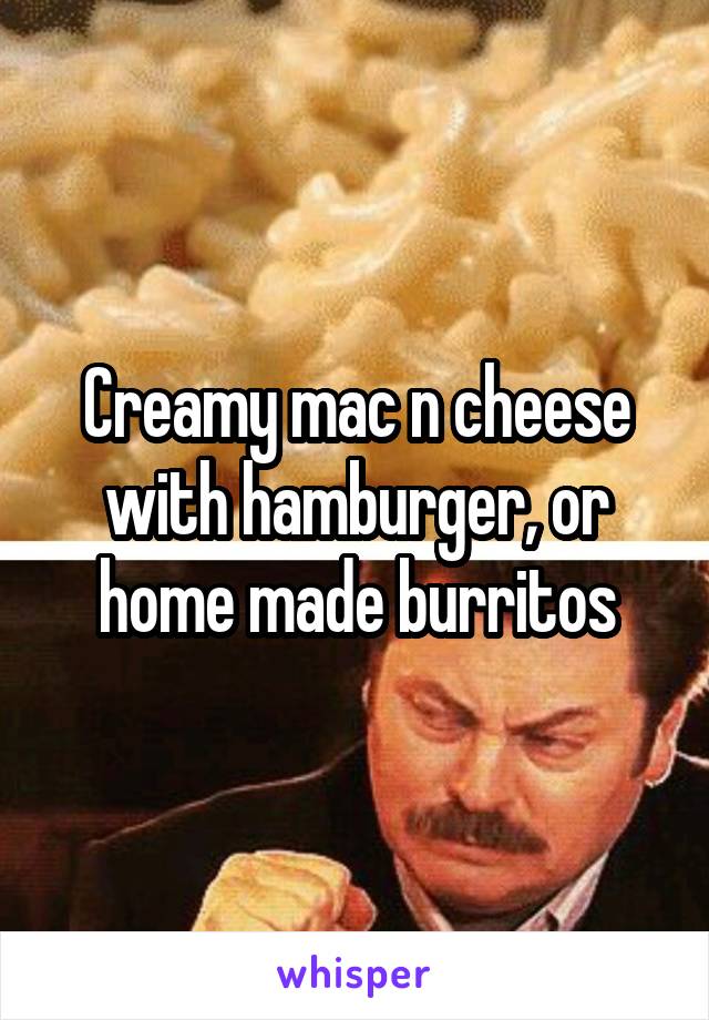 Creamy mac n cheese with hamburger, or home made burritos