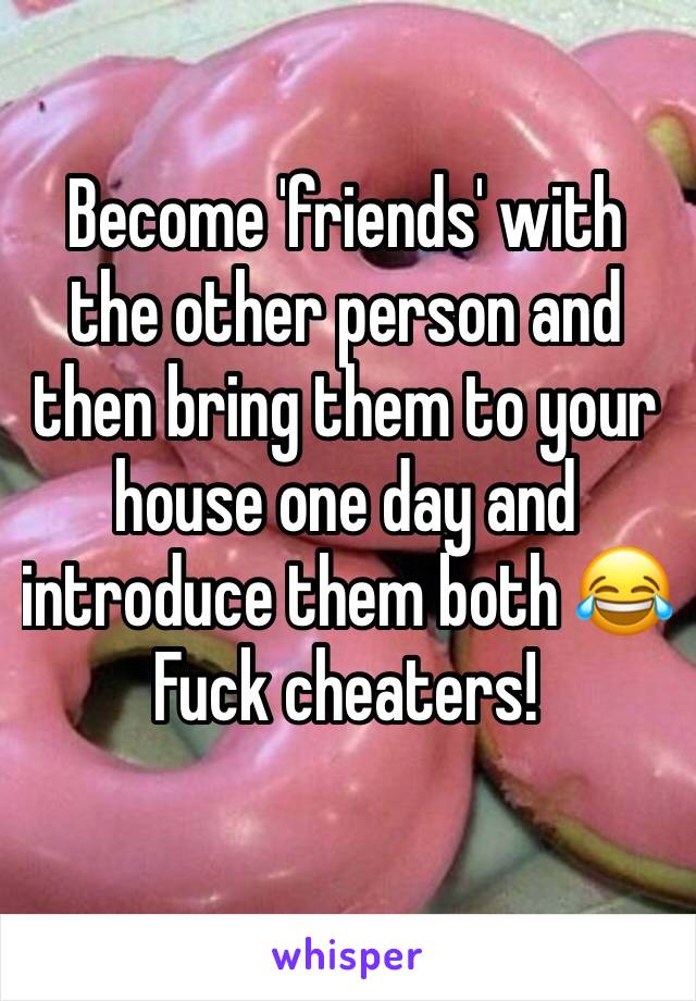 Become 'friends' with the other person and then bring them to your house one day and introduce them both 😂 Fuck cheaters! 