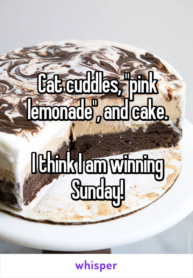 Cat cuddles, "pink lemonade", and cake.

I think I am winning Sunday!