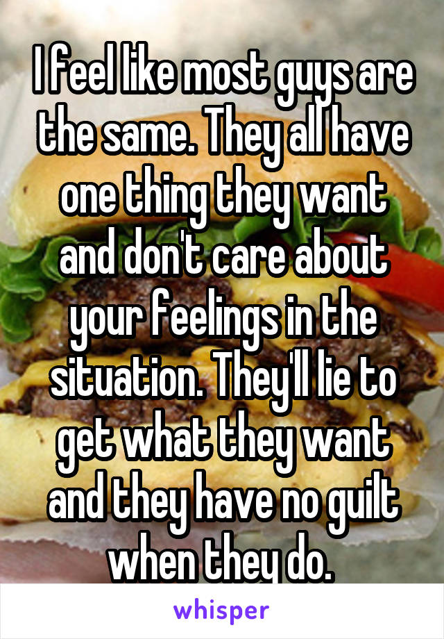 I feel like most guys are the same. They all have one thing they want and don't care about your feelings in the situation. They'll lie to get what they want and they have no guilt when they do. 