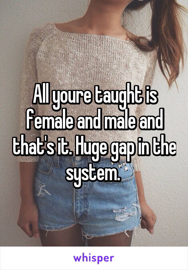 All youre taught is female and male and that's it. Huge gap in the system. 