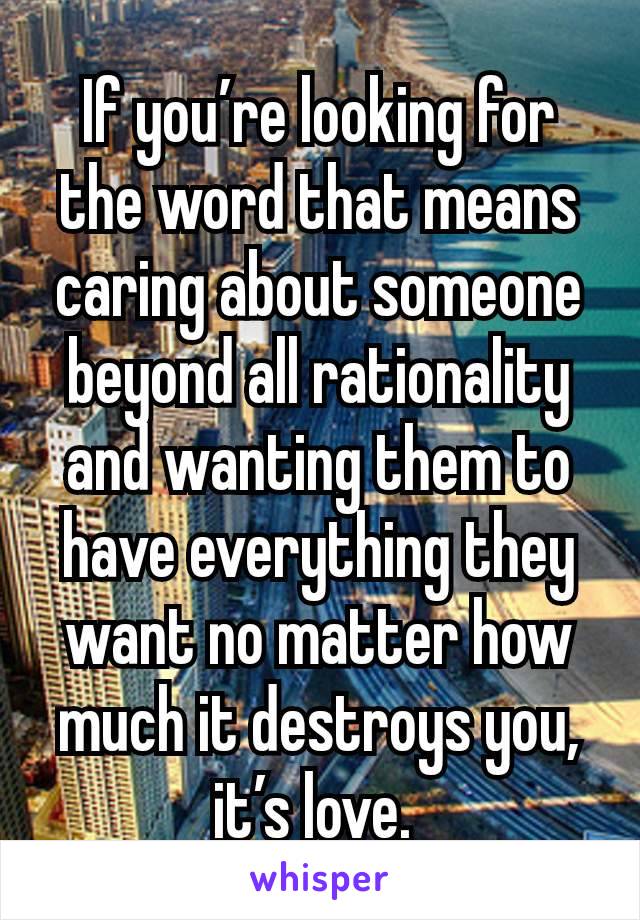 If you’re looking for the word that means caring about someone beyond all rationality and wanting them to have everything they want no matter how much it destroys you, it’s love. 
