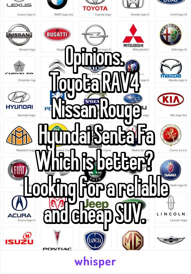 Opinions. 
Toyota RAV4 
Nissan Rouge
Hyundai Senta Fa
Which is better? 
Looking for a reliable and cheap SUV. 