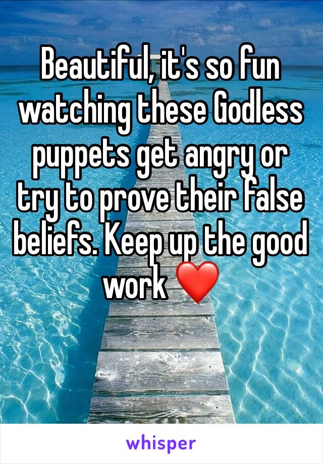 Beautiful, it's so fun watching these Godless puppets get angry or try to prove their false beliefs. Keep up the good work ❤️