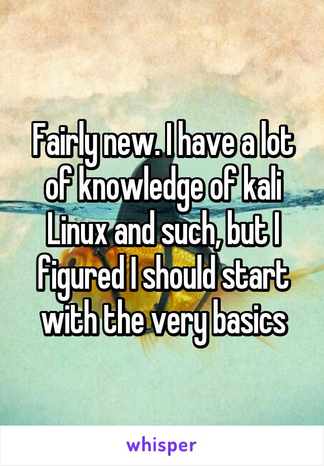 Fairly new. I have a lot of knowledge of kali Linux and such, but I figured I should start with the very basics