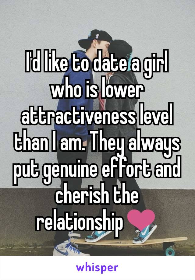 I'd like to date a girl who is lower attractiveness level than I am. They always put genuine effort and cherish the relationship❤