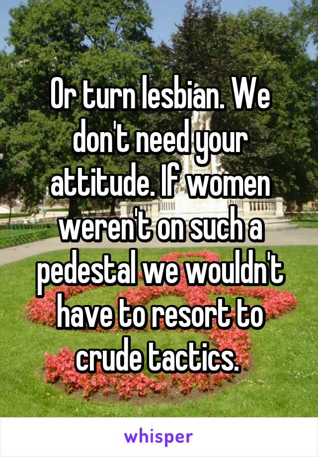 Or turn lesbian. We don't need your attitude. If women weren't on such a pedestal we wouldn't have to resort to crude tactics. 