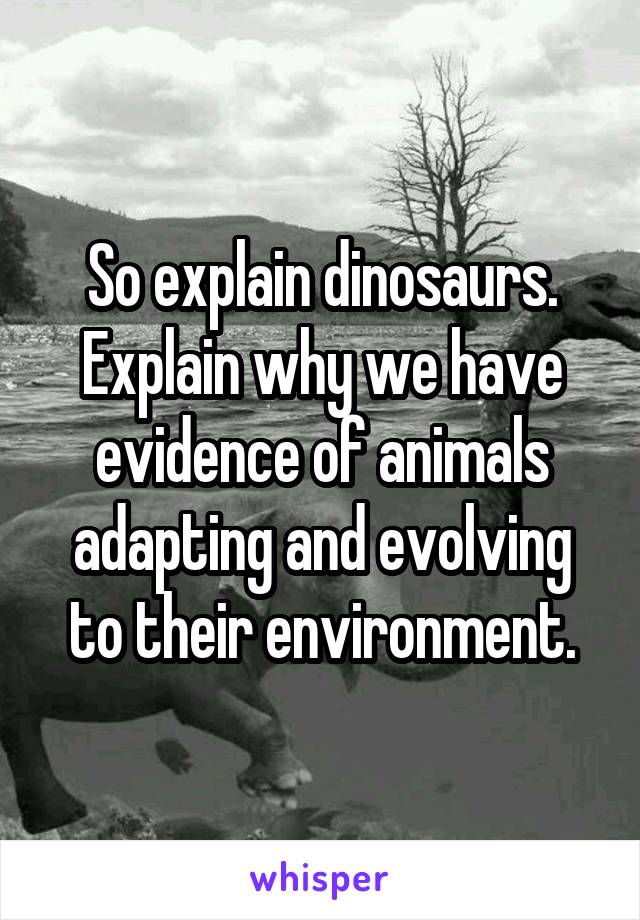 So explain dinosaurs. Explain why we have evidence of animals adapting and evolving to their environment.