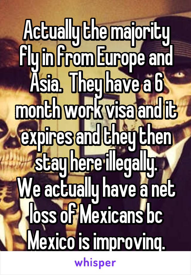 Actually the majority fly in from Europe and Asia.  They have a 6 month work visa and it expires and they then stay here illegally.
We actually have a net loss of Mexicans bc Mexico is improving.