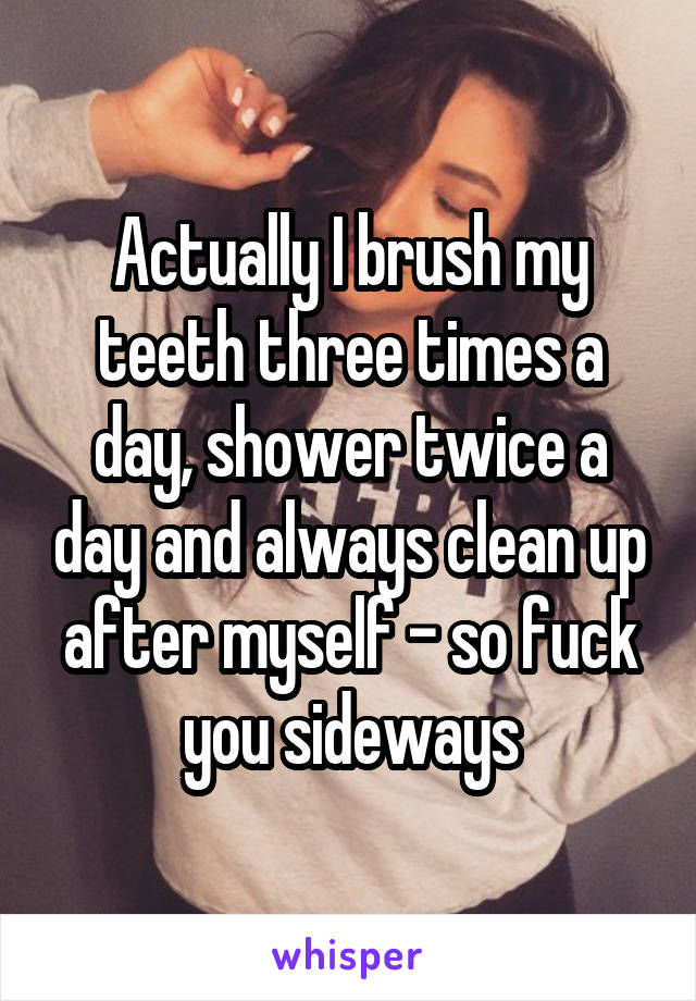 Actually I brush my teeth three times a day, shower twice a day and always clean up after myself - so fuck you sideways