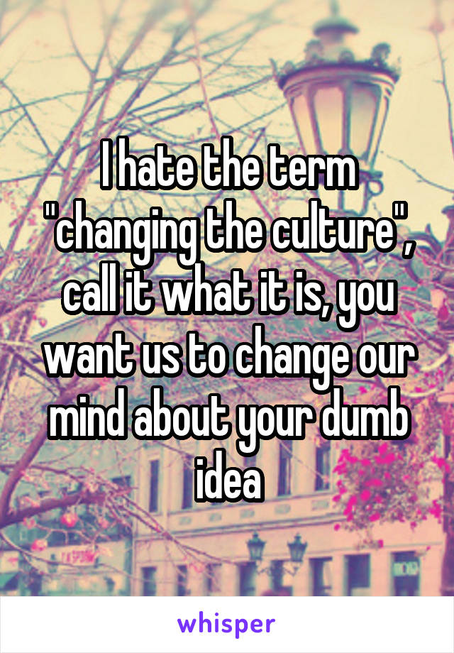 I hate the term "changing the culture", call it what it is, you want us to change our mind about your dumb idea