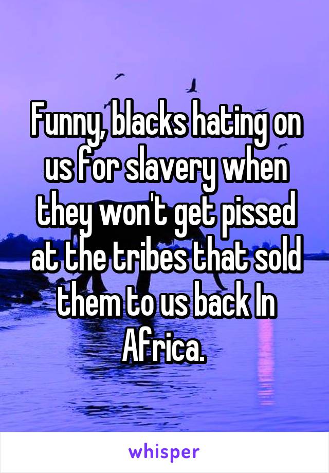 Funny, blacks hating on us for slavery when they won't get pissed at the tribes that sold them to us back In Africa. 
