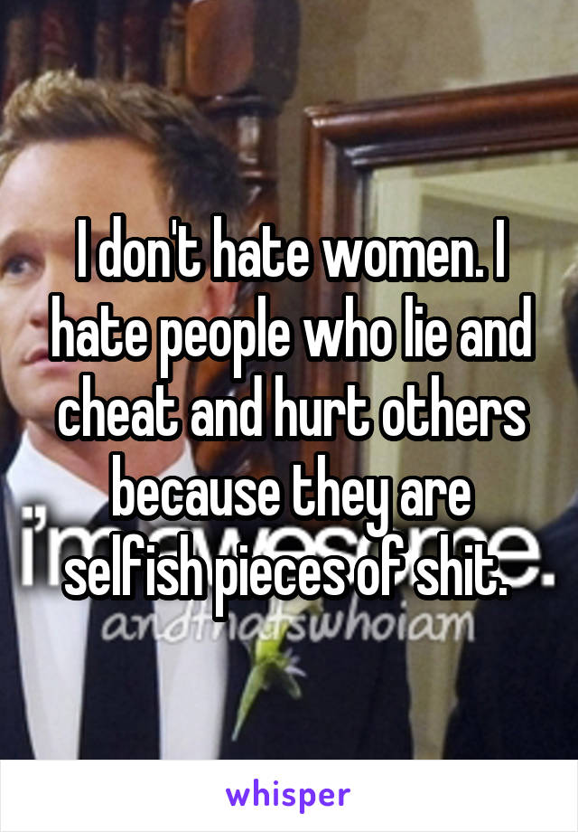 I don't hate women. I hate people who lie and cheat and hurt others because they are selfish pieces of shit. 