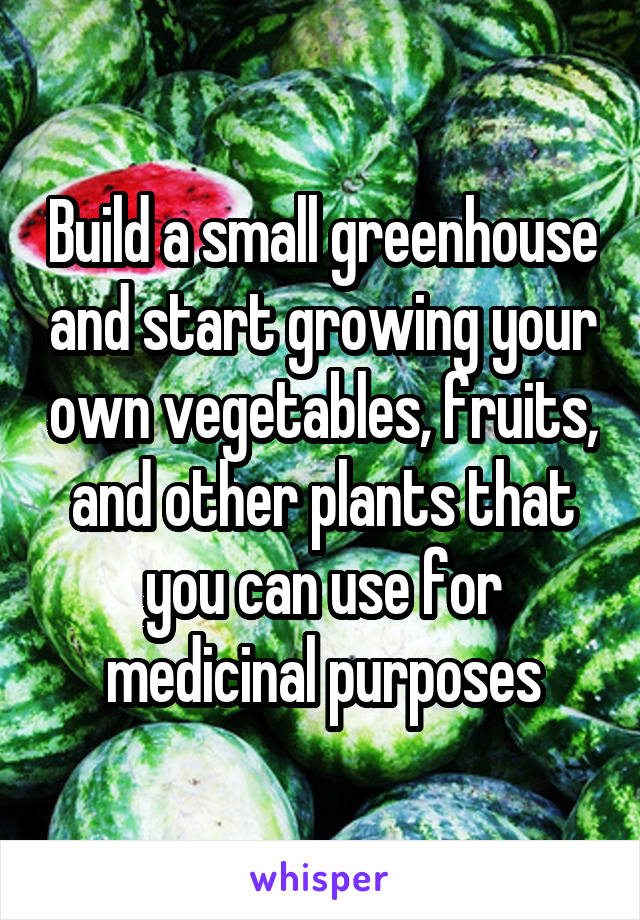 Build a small greenhouse and start growing your own vegetables, fruits, and other plants that you can use for medicinal purposes