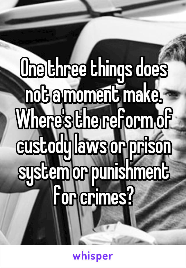 One three things does not a moment make. Where's the reform of custody laws or prison system or punishment for crimes?