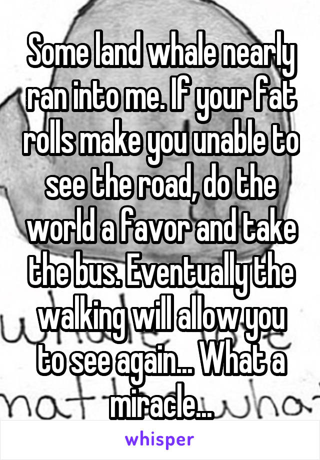 Some land whale nearly ran into me. If your fat rolls make you unable to see the road, do the world a favor and take the bus. Eventually the walking will allow you to see again... What a miracle...