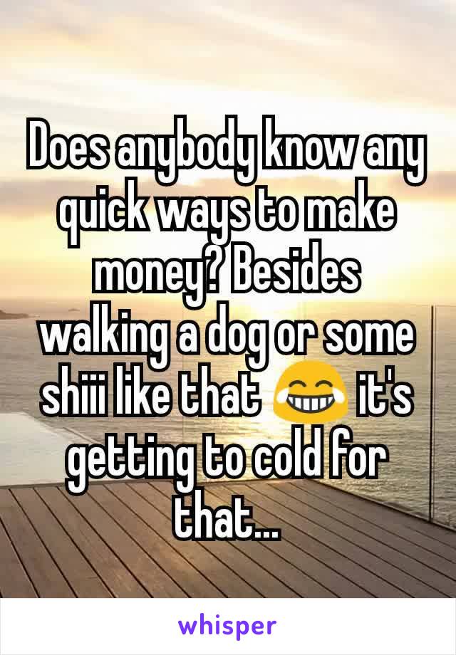 Does anybody know any quick ways to make money? Besides walking a dog or some shiii like that 😂 it's getting to cold for that...