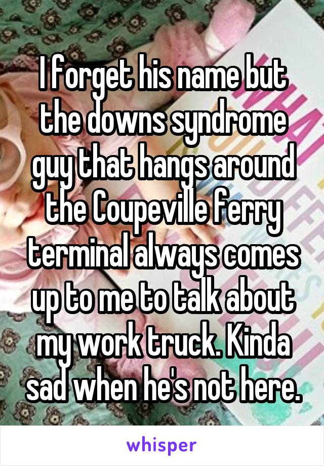 I forget his name but the downs syndrome guy that hangs around the Coupeville ferry terminal always comes up to me to talk about my work truck. Kinda sad when he's not here.