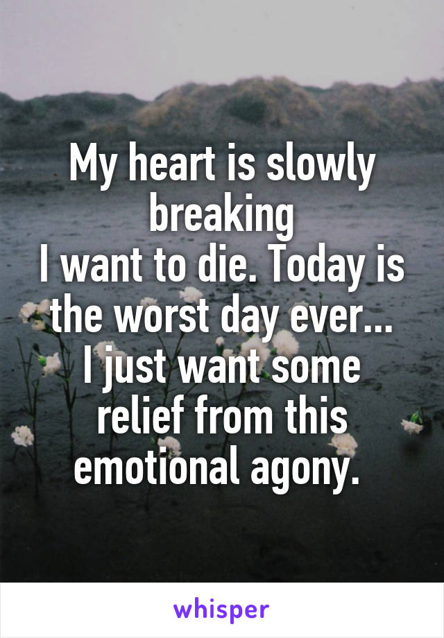 My heart is slowly breaking
I want to die. Today is the worst day ever...
I just want some relief from this emotional agony. 