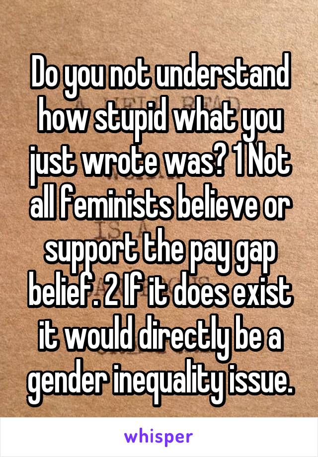 Do you not understand how stupid what you just wrote was? 1 Not all feminists believe or support the pay gap belief. 2 If it does exist it would directly be a gender inequality issue.