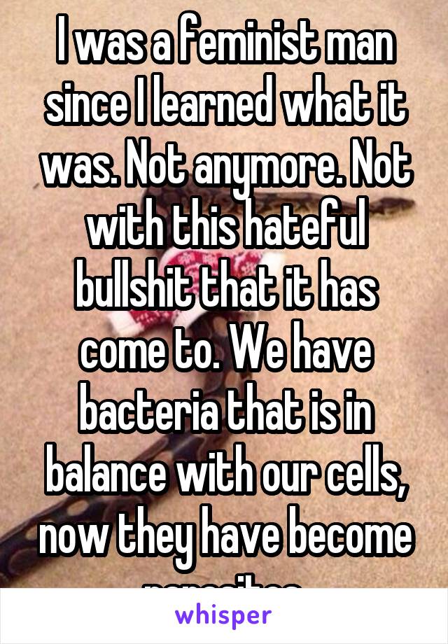 I was a feminist man since I learned what it was. Not anymore. Not with this hateful bullshit that it has come to. We have bacteria that is in balance with our cells, now they have become parasites.