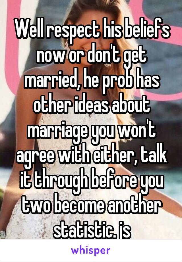 Well respect his beliefs now or don't get married, he prob has other ideas about marriage you won't agree with either, talk it through before you two become another statistic. js