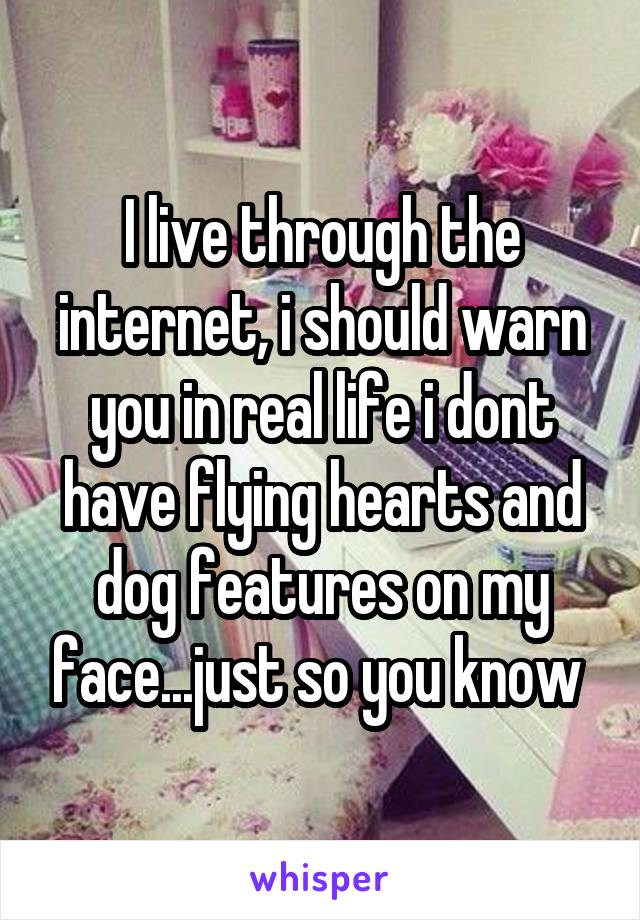I live through the internet, i should warn you in real life i dont have flying hearts and dog features on my face...just so you know 